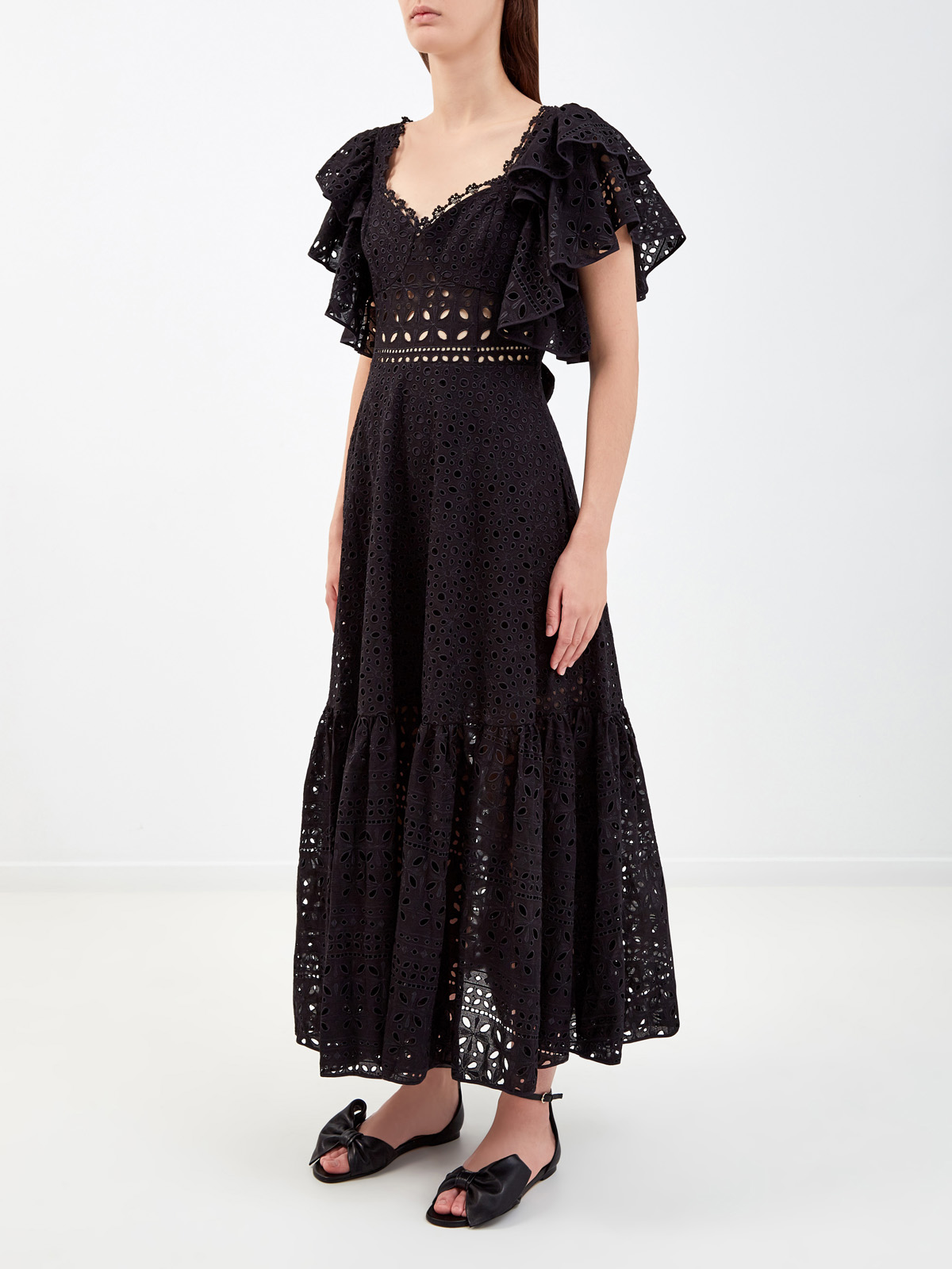 Кружевное платье-макси с широким поясом и оборками CHARO RUIZ IBIZA, цвет черный, размер S - фото 3
