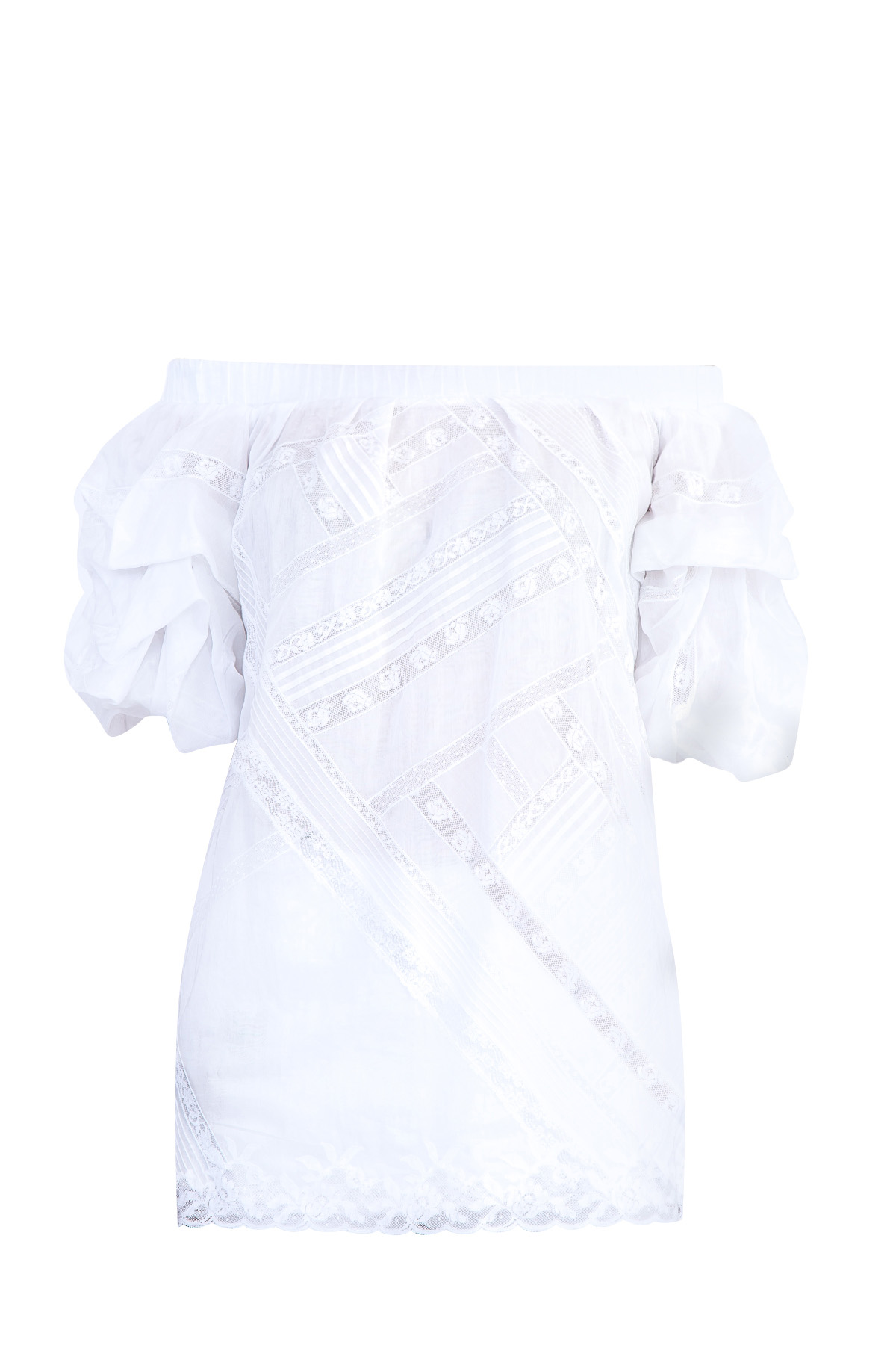 Блуза с открытой линией плеч и асимметричной кружевной отделкой ERMANNO SCERVINO, цвет белый, размер 38 - фото 1