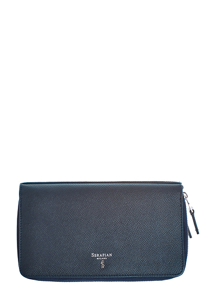 Портмоне из сафьяновой кожи в оттенке индиго с двумя отделениями на молниях