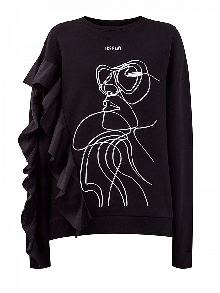 Эффектный свитшот с оборками и контрастным принтом