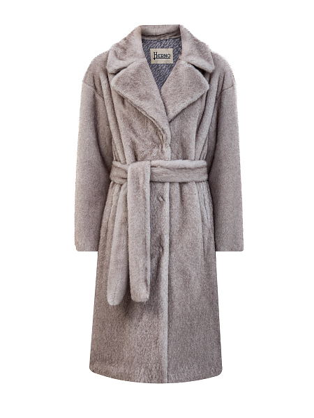 Пальто из эко-меха с V-образным вырезом и поясом