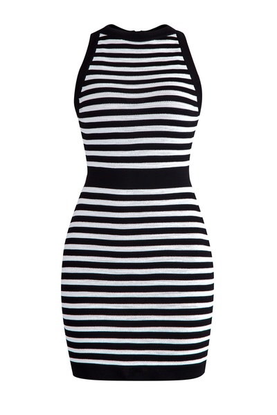 Платье-мини без рукавов с вязаным узором в черно-белую полоску