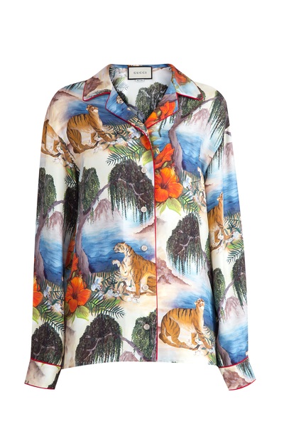 Блуза в пижамном стиле из шелка с тропическим принтом