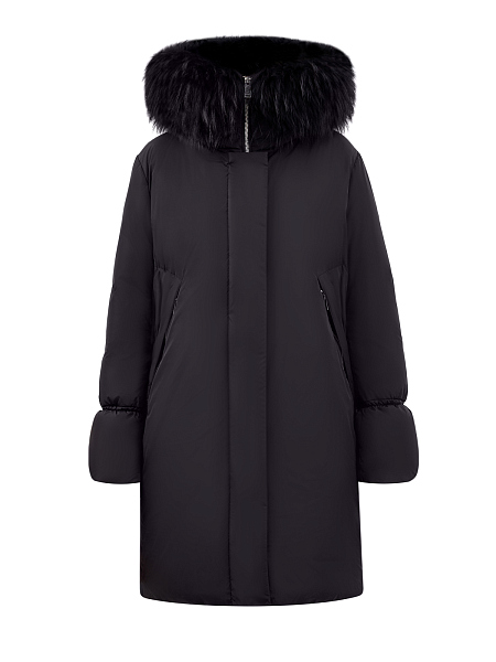 Удлиненный пуховик с&nbsp;отделкой из&nbsp;меха енота