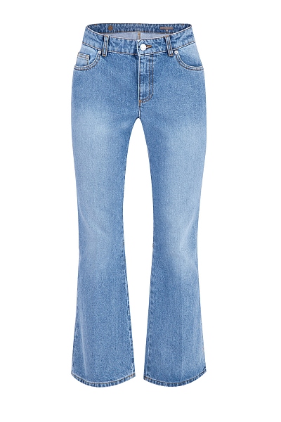 Укороченные джинсы клеш с контрастным окрашиванием у карманов 