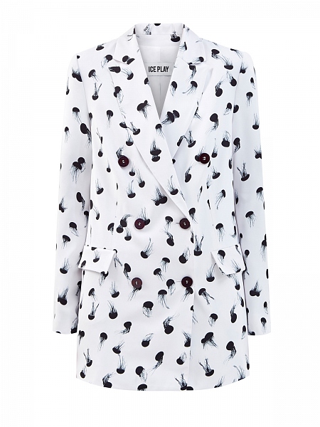 Двубортный блейзер из гладкой ткани с принтом 
