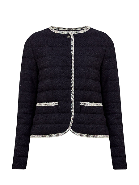 Пуховая куртка из мерцающей ткани букле с контрастной тесьмой