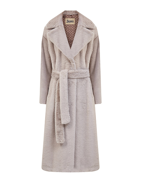 Пальто из эко-меха с атласной подкладкой и поясом в тон